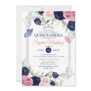 Pink And Navy Blue Floral Butterfly Quinceañera