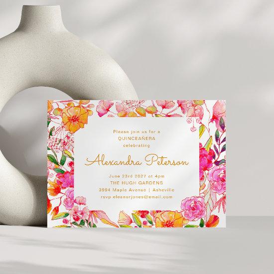 Pink and Orange Watercolor Flowers QUINCEAÑERA