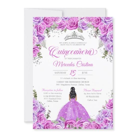 Pink and Purple Roses & Silver Tiara Quinceanera