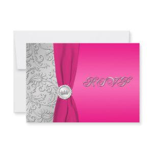 Pink and Silver Damask Quinceanera RSVP Card