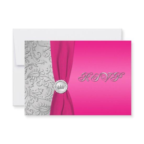 Pink and Silver Damask Quinceanera RSVP Card