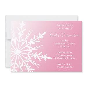 Pink and White Snowflake Winter Quinceañera Invite