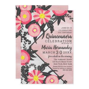 Pink Black Acrylic Floral Watercolor Quinceañera