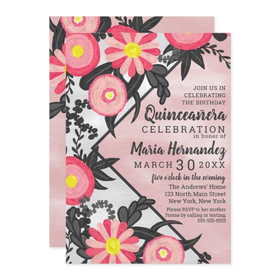 Pink Black Acrylic Floral Watercolor Quinceañera