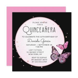 Pink Black Butterflies Stars Modern Quinceañera