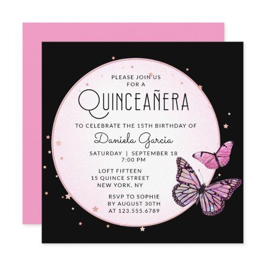Pink Black Butterflies Stars Modern Quinceañera