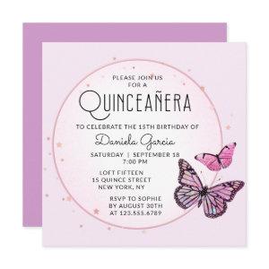 Pink Black Butterflies Stars Modern Quinceañera