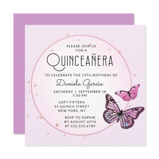 Pink Black Butterflies Stars Modern Quinceañera
