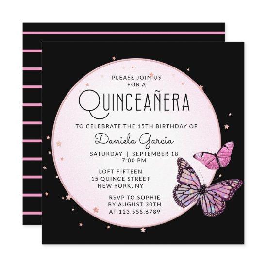 Pink Black Butterflies Stars Modern Quinceañera