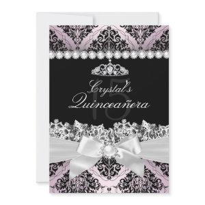Pink Black Damask Bow Quinceanera Invite