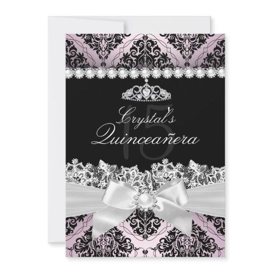 Pink Black Damask Bow Quinceanera Invite