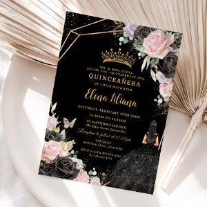Pink Black Purple Roses Dress Gold Quinceañera XV