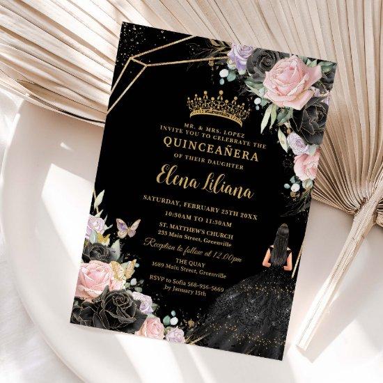 Pink Black Purple Roses Dress Gold Quinceañera XV