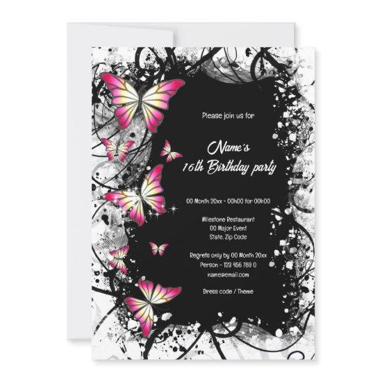 pink black white watercolor butterfly party