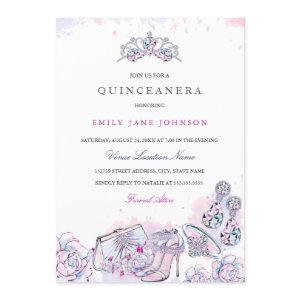 Pink Blue Elegant Crystal Quinceanera Invite