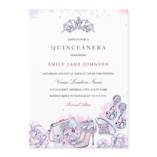 Pink Blue Elegant Crystal Quinceanera Invite