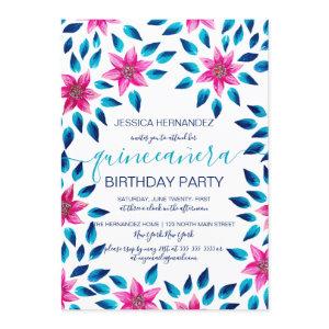 Pink Blue Flowers Leaves Acrylic Paint Quinceañera