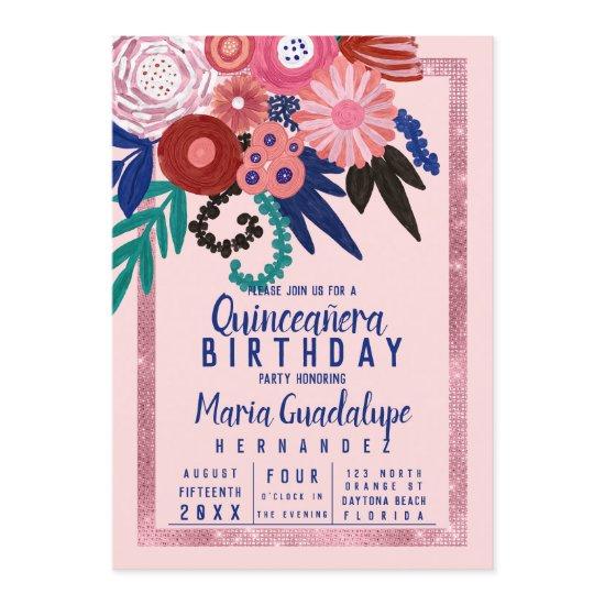 Pink Blue Red Glitter Floral Acrylic Quinceañera