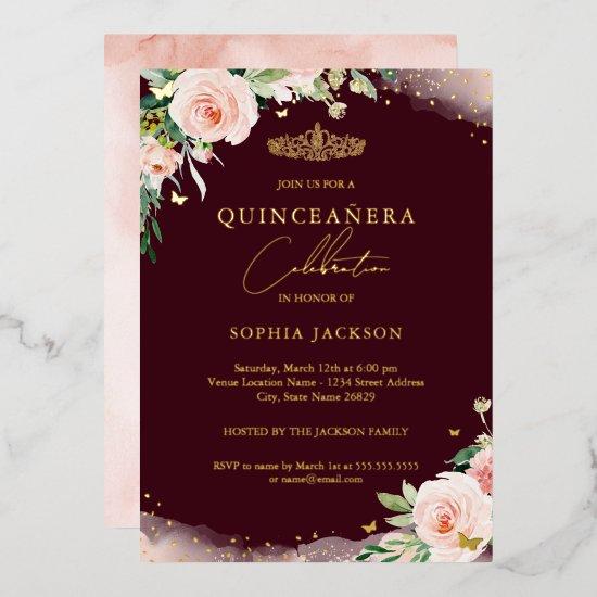 Pink Blush Burgundy Floral Quinceanera Birthday  Foil