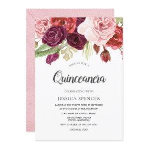 Pink Blush & Burgundy Flowers Quinceanera Invite