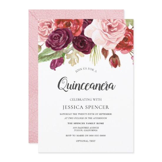 Pink Blush & Burgundy Flowers Quinceanera Invite