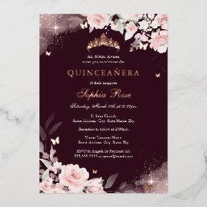 Pink Blush Burgundy Rose Butterfly Quinceanera Foil