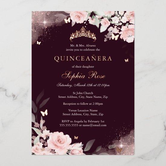 Pink Blush Burgundy Rose Butterfly Quinceanera Foil