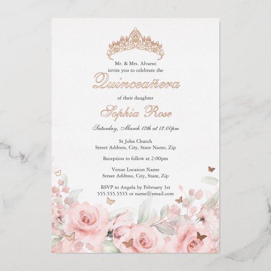 Pink Blush Floral Rose Gold Butterfly Quinceanera Foil