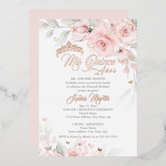 Pink Blush Floral Rose Gold Mis Quince Quinceanera Foil