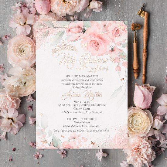 Pink Blush Floral Rose Gold Mis Quince Quinceanera Foil