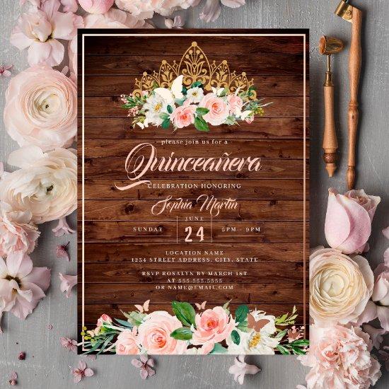 Pink Blush Floral Tiara Rustic Quinceanera Foil