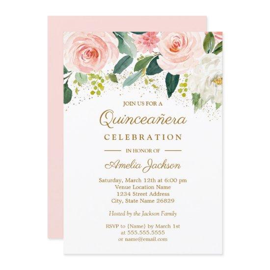 Pink Blush Gold Watercolor Floral Quinceanera