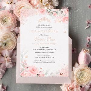 Pink Blush Rose Butterfly Silver Quinceanera Foil