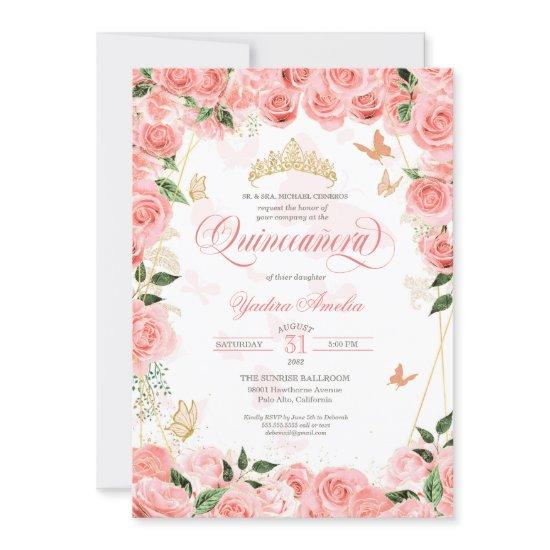 Pink Blush Roses Elegant Butterfly Quinceanera Inv