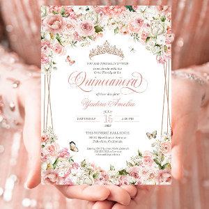 Pink Blush White Floral Butterfly Quinceanera