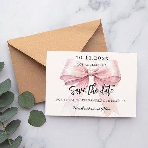 Pink bow cream Quinceanera Save the Date card