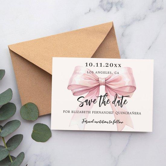 Pink bow cream Quinceanera Save the Date card