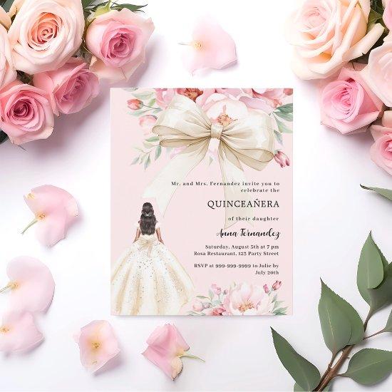 Pink bow floral cream dress Quinceanera