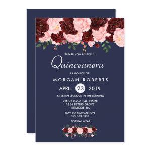 Pink Burgundy Floral Navy Blue Quinceanera Invite