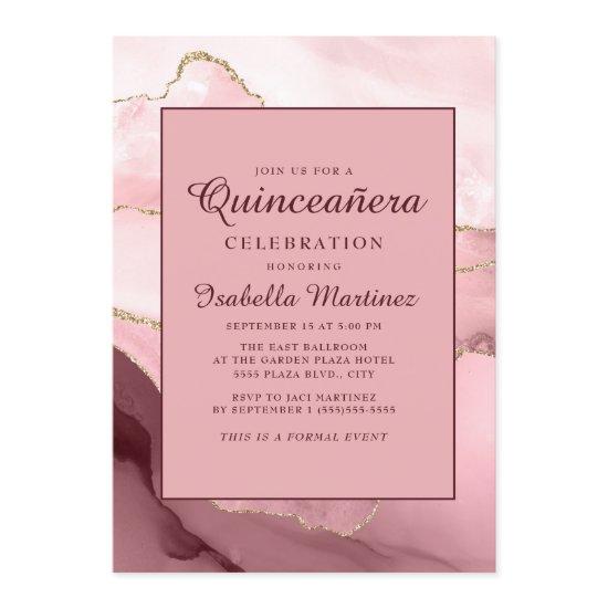 Pink Burgundy Gold Marble Agate Quinceañera
