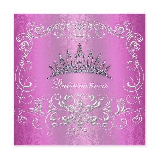 Pink Damask Quinceanera Diamond Tiara Invite