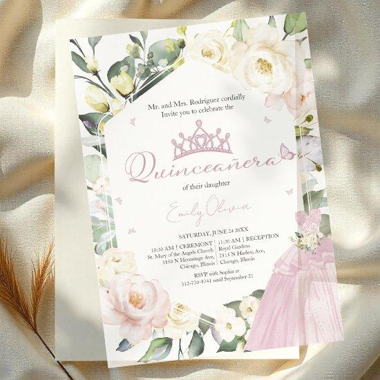 Pink Dress Butterfly Boho Floral Frame Quinceañera Vellum
