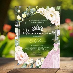 Pink Dress Butterfly Floral Frame Quinceañera Acrylic
