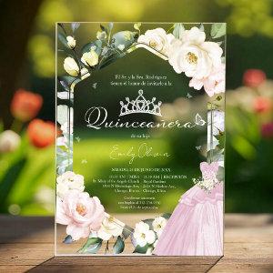 Pink Dress Butterfly Floral Quinceañera spanish Acrylic