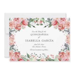 Pink Elegant Floral Script Quinceañera Save The Date