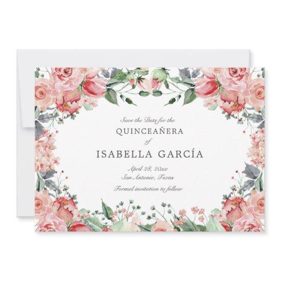 Pink Elegant Floral Script Quinceañera Save The Date
