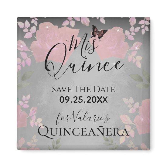 Pink Fancy Roses Quinceanera Pink Save the Date Ma Magnet