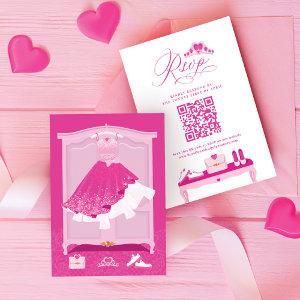 Pink Fashion Dream Gown Quinceanera QR Code RSVP Card