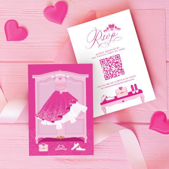 Pink Fashion Dream Gown Quinceanera QR Code RSVP Card