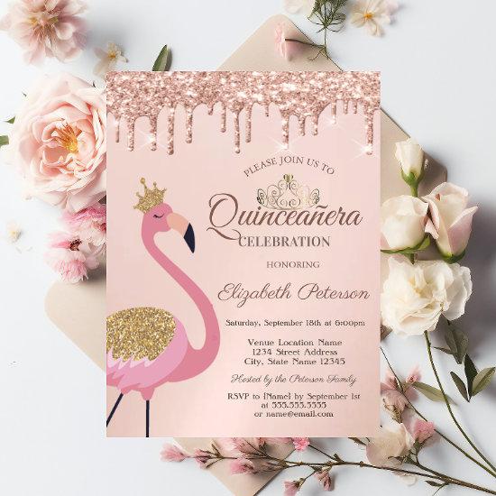 Pink Flamingo,Tiara, Rose Gold Drips Quinceañera